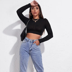 Backless Crop Top Lace Up Long Sleeve Tee