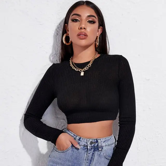 Backless Crop Top Lace Up Long Sleeve Tee - Black / XS