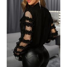 Load image into Gallery viewer, Black Patchwork Sheer Mesh Long Sleeve Blouse