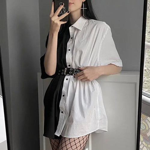 Black & White Patchwork Contrast Long Blouse Shirt