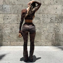 Load image into Gallery viewer, Brown Cutout Cross Long Sleeve Crop Top &amp; Flare Pants Set