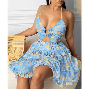 Cami Deep-V Tropical Print Frill Hem Dress - Blue / S