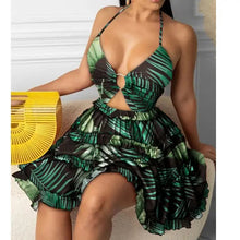 Load image into Gallery viewer, Cami Deep-V Tropical Print Frill Hem Dress - green / S