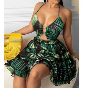 Cami Deep-V Tropical Print Frill Hem Dress - green / S