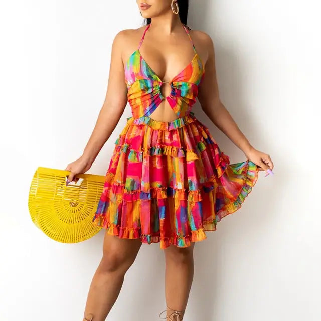 Cami Deep-V Tropical Print Frill Hem Dress - MULTI / XL