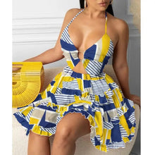 Load image into Gallery viewer, Cami Deep-V Tropical Print Frill Hem Dress - Yellow / S