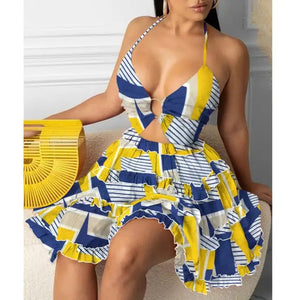 Cami Deep-V Tropical Print Frill Hem Dress - Yellow / S