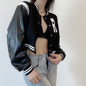 Casual PU Leather Patchwork Stripe Jacket - Black / L