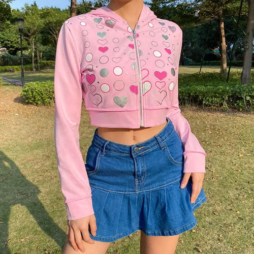 Casual Pink Heart Printed Cropped Hoodie