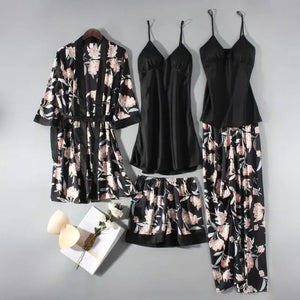 Casual Satin Lounge Soft Pajama Set - Black - A / XL