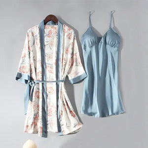 Casual Satin Lounge Soft Pajama Set - Light Blue - C / XL