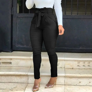 Casual Solid High Waisted Belted Pants - Black / M
