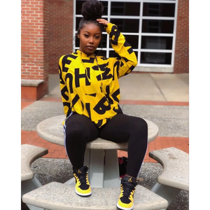Casual Yellow Letter Print Hoodie - two piece
