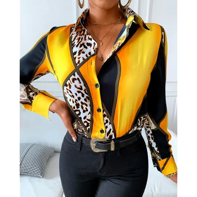 Cheetah Print Colorblock Buttoned Long Sleeve Shirt - M /