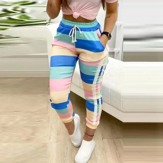 Colorblock Fashion Pocket Design Drawstring Casual Pants -
