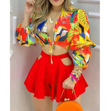 Load image into Gallery viewer, Colorblock Lantern SleeveCrop Top &amp; Cutout Shorts Set - Red