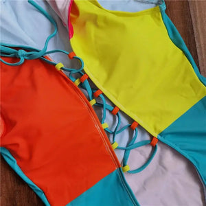 Colorblock One Piece Lace Up Swimsuit