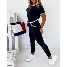 Load image into Gallery viewer, Contrast Binding Short Sleeve Top &amp; Pockets Design Pants