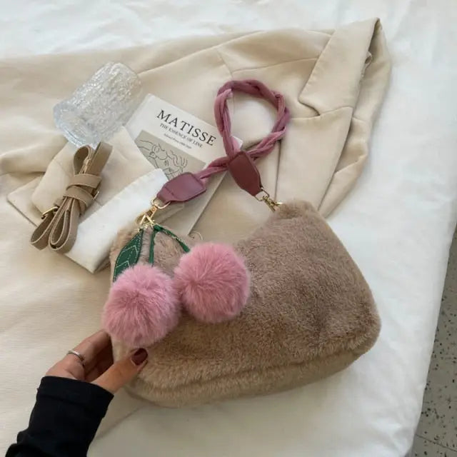 Cute Soft Fluffy Plush Faux Fur Bucket Crossbody Bag - Khaki
