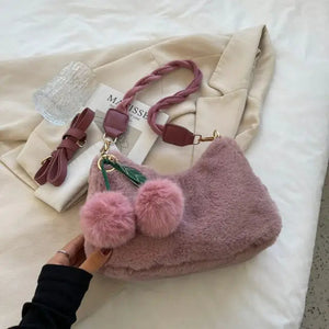 Cute Soft Fluffy Plush Faux Fur Bucket Crossbody Bag - Pink