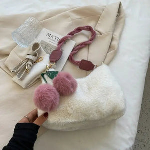 Cute Soft Fluffy Plush Faux Fur Bucket Crossbody Bag - white