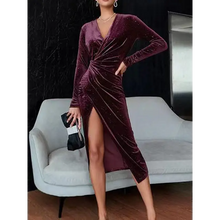 Load image into Gallery viewer, Detail Glitter Velvet wrap Midi Dress - Claret / S