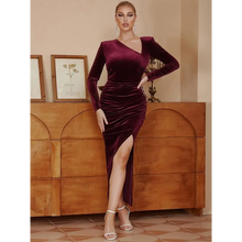 Load image into Gallery viewer, Diagonal Neck Long Sleeve Velvet Folds Dress