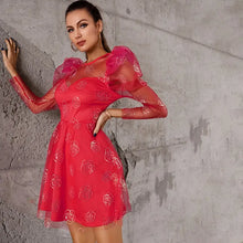 Load image into Gallery viewer, Double Crazy Contrast Mesh Gigot Sleeve Floral Sequins Dress
