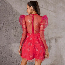 Load image into Gallery viewer, Double Crazy Contrast Mesh Gigot Sleeve Floral Sequins Dress