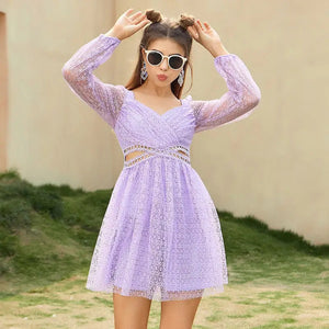 Double Crazy Cut Out Lace Dress - Purple / M