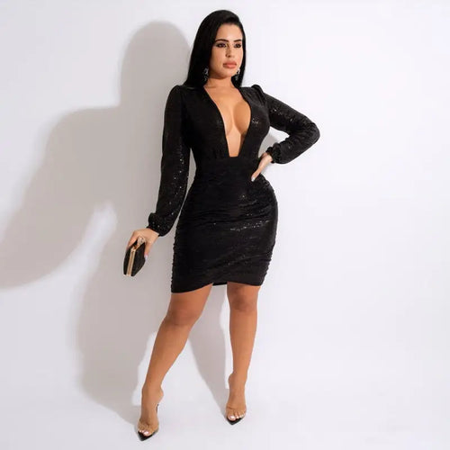 Elegant Black Glitter Sequin Wrap Dress