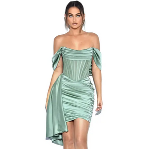 Elegant Draping Off Shoulder Dress with gloves - XL / Green