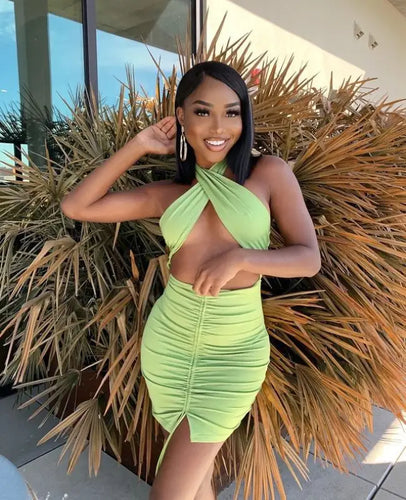 Elegant Drawstring Ruched Criss Cross Halter Backless Mini