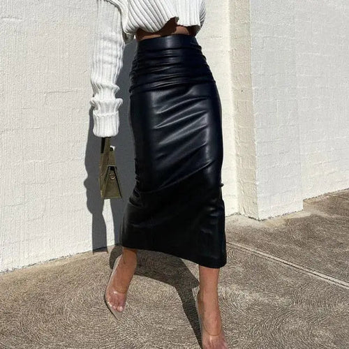 Elegant Fashion Ruched PU Leather Midi Skirt