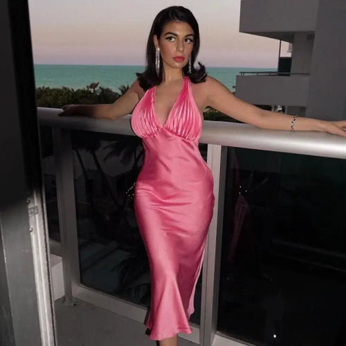 Elegant Plunge Halter Sexy Backless Midi Dress