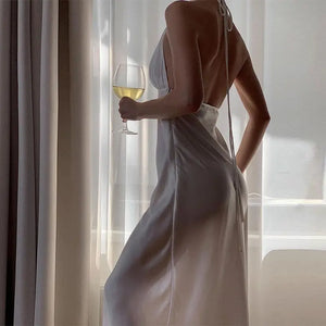 Elegant Plunge Halter Sexy Backless Midi Dress
