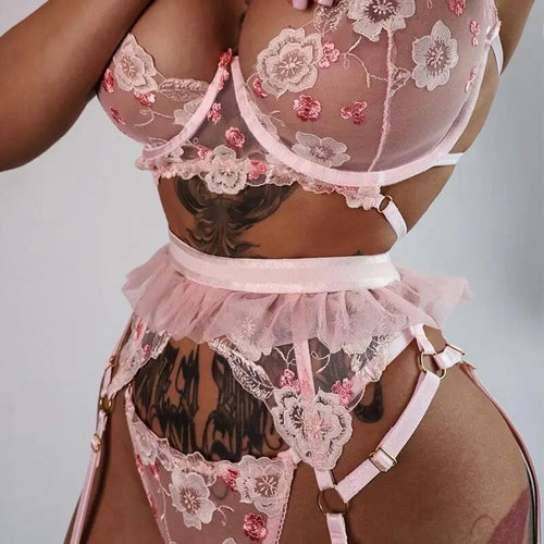 Embroidery Pink Floral transparent bra & Panty Lingerie Set