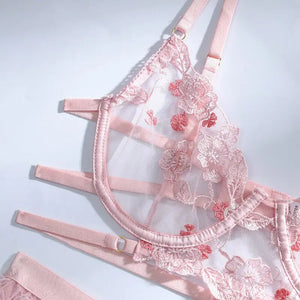 Embroidery Pink Floral transparent bra & Panty Lingerie Set