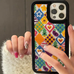 Embroidery Rhombus Lattice Heart Plush Soft Case For IPhone