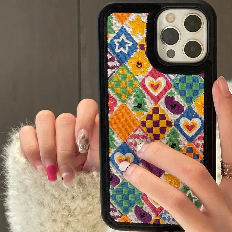 Embroidery Rhombus Lattice Heart Plush Soft Case For IPhone