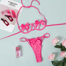 Load image into Gallery viewer, Bow Exotic Halter Bra Underwire &amp; Thong Lingerie Set - rose