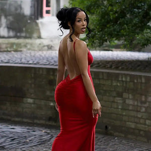 Red Spaghetti Ruched Backless Maxi Dress