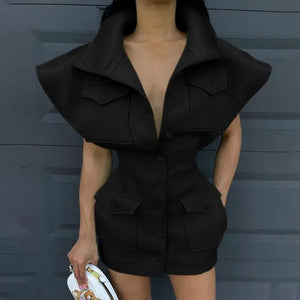 Fashion Flying Sleeve Button Up Bodycon Mini Dress - black
