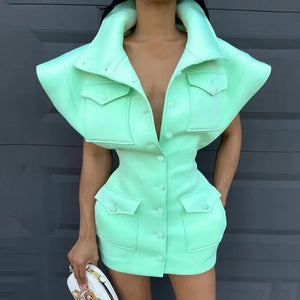 Fashion Flying Sleeve Button Up Bodycon Mini Dress - Mint