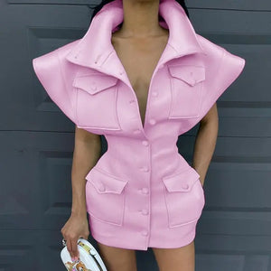 Fashion Flying Sleeve Button Up Bodycon Mini Dress - Pink