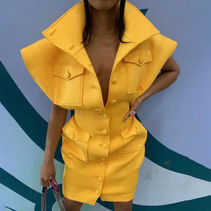 Fashion Flying Sleeve Button Up Bodycon Mini Dress - Yellow