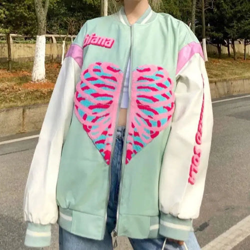 Fashion Heart Print Baseball Jacket