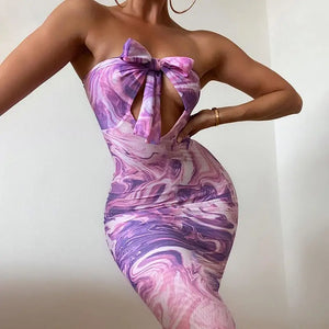 Fashion Print Cross Halter Strapless Midi Dress