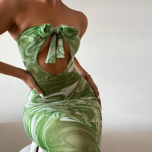 Fashion Print Cross Halter Strapless Midi Dress