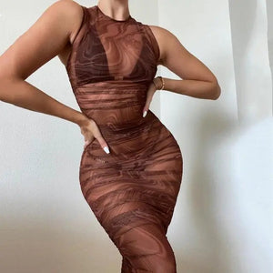 Fashion Swirl Print Mesh See Through Midi Dress - brown / S